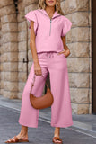 Pink Textured Ruffled Sleeve Zipped Top and Wide Leg Pants Set
