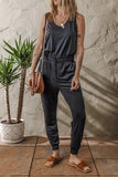 Black Casual Tank Style Tie Waist Pocketed Jogger Jumpsuit