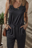 Black Casual Tank Style Tie Waist Pocketed Jogger Jumpsuit