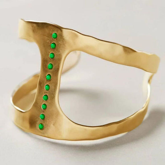 18K Gold Inlaid Emerald Zircon Geometric Open Ring