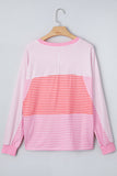 Sachet Pink Striped Colorblock Exposed Seam Casual Long Sleeve Top