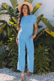 Blue Solid Corded Knit Short Sleeve T Shirt and Wide Leg Pants Set