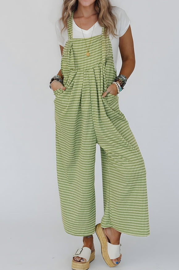 Green Gingham Wide Leg Loose Overall with Pockets