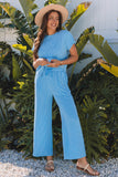 Blue Solid Corded Knit Short Sleeve T Shirt and Wide Leg Pants Set