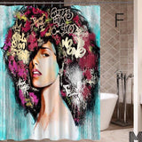 Art Design Graffiti  African Girl with Black Hair Big Earring with Modern Building Shower Curtain for Bathroom Decor