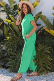 Bright Green Solid Corded Knit Short Sleeve T Shirt and Wide Leg Pants Set