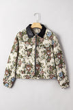 Khaki Floral Print Zip Up Contrast Collared Jacket