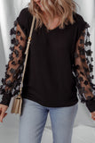 Black Flower Applique Mesh Long Sleeve V Neck Blouse