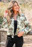 Khaki Floral Print Zip Up Contrast Collared Jacket