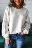 White Exposed Seam Chest Pocket Knit Pullover Sweatshirt
