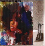 Art Design Graffiti  African Girl with Black Hair Big Earring with Modern Building Shower Curtain for Bathroom Decor