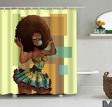 Art Design Graffiti  African Girl with Black Hair Big Earring with Modern Building Shower Curtain for Bathroom Decor
