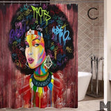 Art Design Graffiti  African Girl with Black Hair Big Earring with Modern Building Shower Curtain for Bathroom Decor