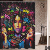 Art Design Graffiti  African Girl with Black Hair Big Earring with Modern Building Shower Curtain for Bathroom Decor