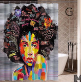 Art Design Graffiti  African Girl with Black Hair Big Earring with Modern Building Shower Curtain for Bathroom Decor