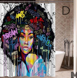Art Design Graffiti  African Girl with Black Hair Big Earring with Modern Building Shower Curtain for Bathroom Decor