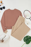 Khaki Color Block Long Sleeve Crop Top Drawstring Pant Set