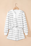 White Stripe Zip up Drop Shoulder Pullover and Short 2pcs Outfit