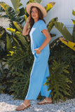 Blue Solid Corded Knit Short Sleeve T Shirt and Wide Leg Pants Set