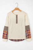 Beige Waffle Stripe Plaid Patchwork Henley Knit Top