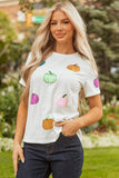 White Sequin Pumpkin Patched Cotton Blend T Shirt