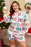 White Plus Size Christmas Ho Ho Ho Print Long Sleeve Top and Shorts 2pc Lounge Set