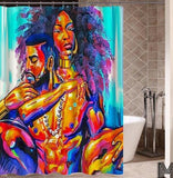 Art Design Graffiti  African Girl with Black Hair Big Earring with Modern Building Shower Curtain for Bathroom Decor