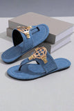 Dusk Blue Metal Decor Leather Thong Slippers