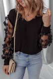 Black Flower Applique Mesh Long Sleeve V Neck Blouse