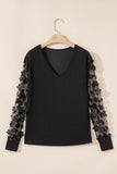 Black Flower Applique Mesh Long Sleeve V Neck Blouse