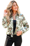 Khaki Floral Print Zip Up Contrast Collared Jacket