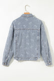 Sky Blue Bow Knot Print Light Wash Raw Hem Denim Jacket