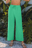 Bright Green Solid Corded Knit Short Sleeve T Shirt and Wide Leg Pants Set