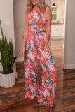 Multicolour Floral Print Smocked Halter Neck Sleeveless Wide Leg Jumpsuit