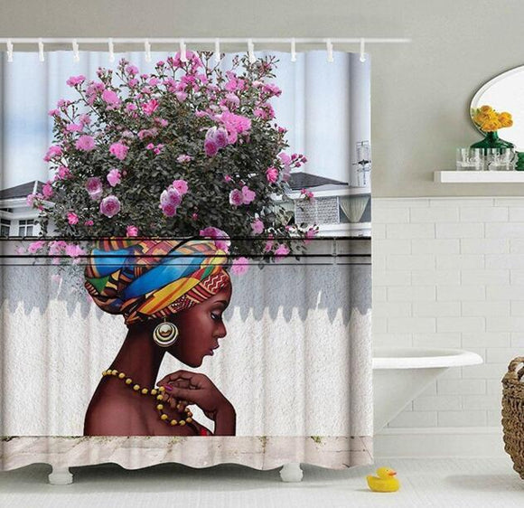 Art Design Graffiti  African Girl with Black Hair Big Earring with Modern Building Shower Curtain for Bathroom Decor