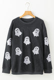 Black Halloween Ghost Corded Crew Neck Loose Sweatshirt