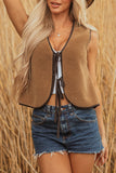 Light French Beige Contrast Trim Tie Front Sherpa Vest
