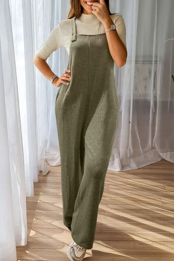 Laurel Green Solid Color Knit Loose Straight Leg Casual Overall Jumpsuit