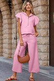 Pink Textured Ruffled Sleeve Zipped Top and Wide Leg Pants Set