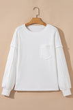 White Exposed Seam Chest Pocket Knit Pullover Sweatshirt
