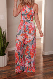 Multicolour Floral Print Smocked Halter Neck Sleeveless Wide Leg Jumpsuit
