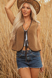 Light French Beige Contrast Trim Tie Front Sherpa Vest