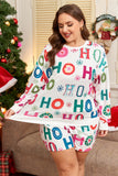 White Plus Size Christmas Ho Ho Ho Print Long Sleeve Top and Shorts 2pc Lounge Set