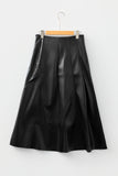 Black Faux Leather Retro Buckle Detail Pleated Stitch Flared Midi Skirt