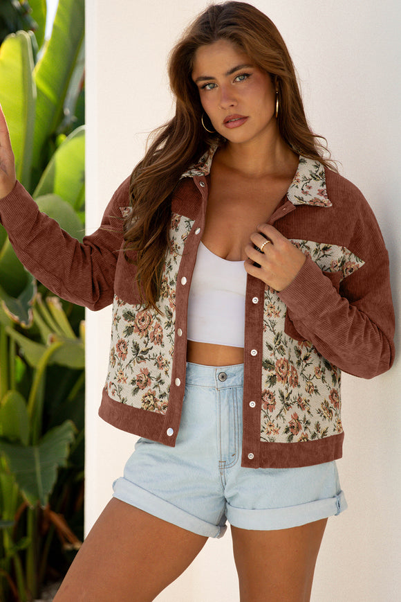 Clay Ribbed Retro Floral Patchwork Shirt Style Jacket