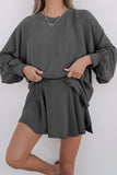 Dark Grey Corded Lantern Sleeve Top High Waist Ruffled Mini Skirt Set