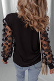 Black Flower Applique Mesh Long Sleeve V Neck Blouse