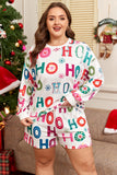 White Plus Size Christmas Ho Ho Ho Print Long Sleeve Top and Shorts 2pc Lounge Set