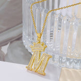 1PCS Fashionable Gold Diamond Crown Uppercase Letter Popular Pendant Necklace Suitable For Daily Use Festivals Parties Gifts Jewelry Set