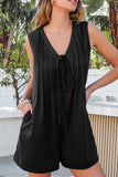 Black white Tie V Neck Pintuck Sleeveless Loose Romper
